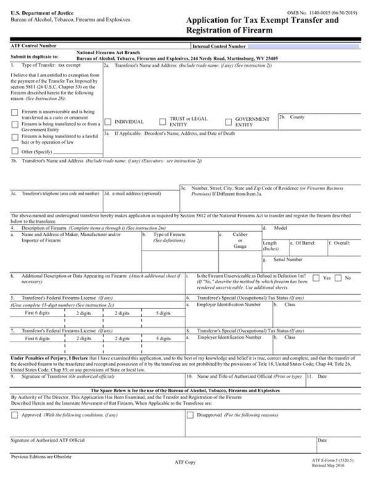 What is the ATF 5320.5 Application for Tax Exempt Transfer and Registration of Firearm?