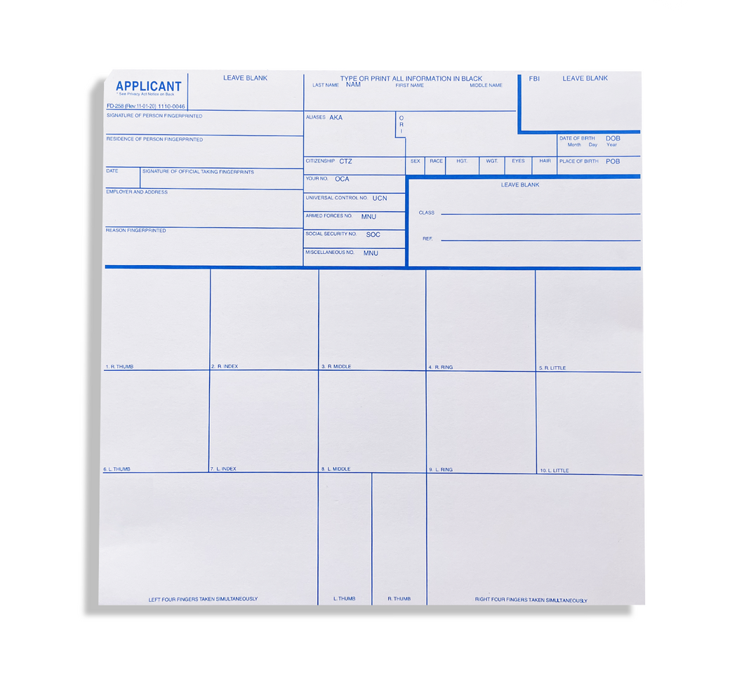 Fingerprint Cards – FBI Form FD-258, 60 Pack
