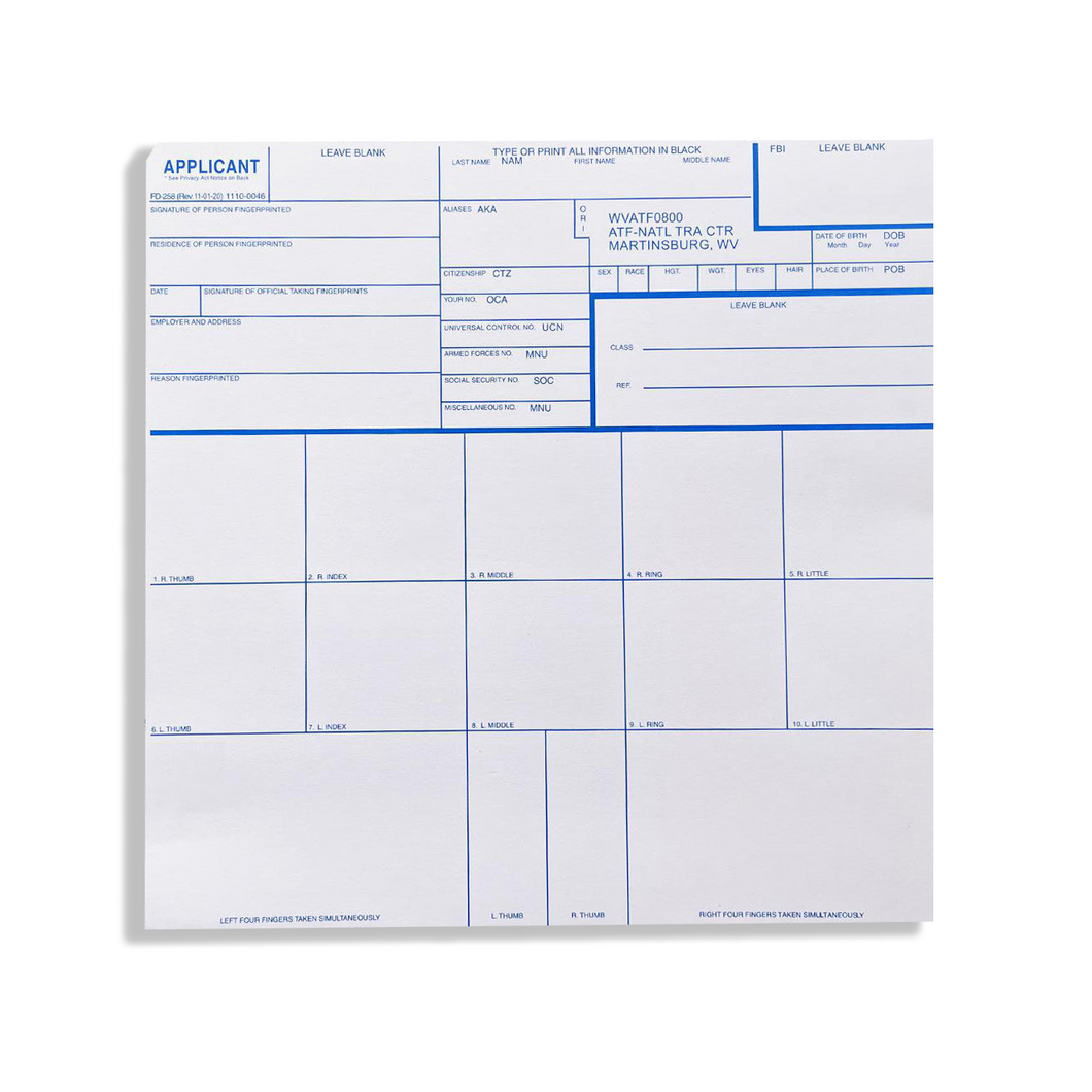 Fingerprint Cards – FBI Form FD-258, 100 Pack ATF NFA ORI