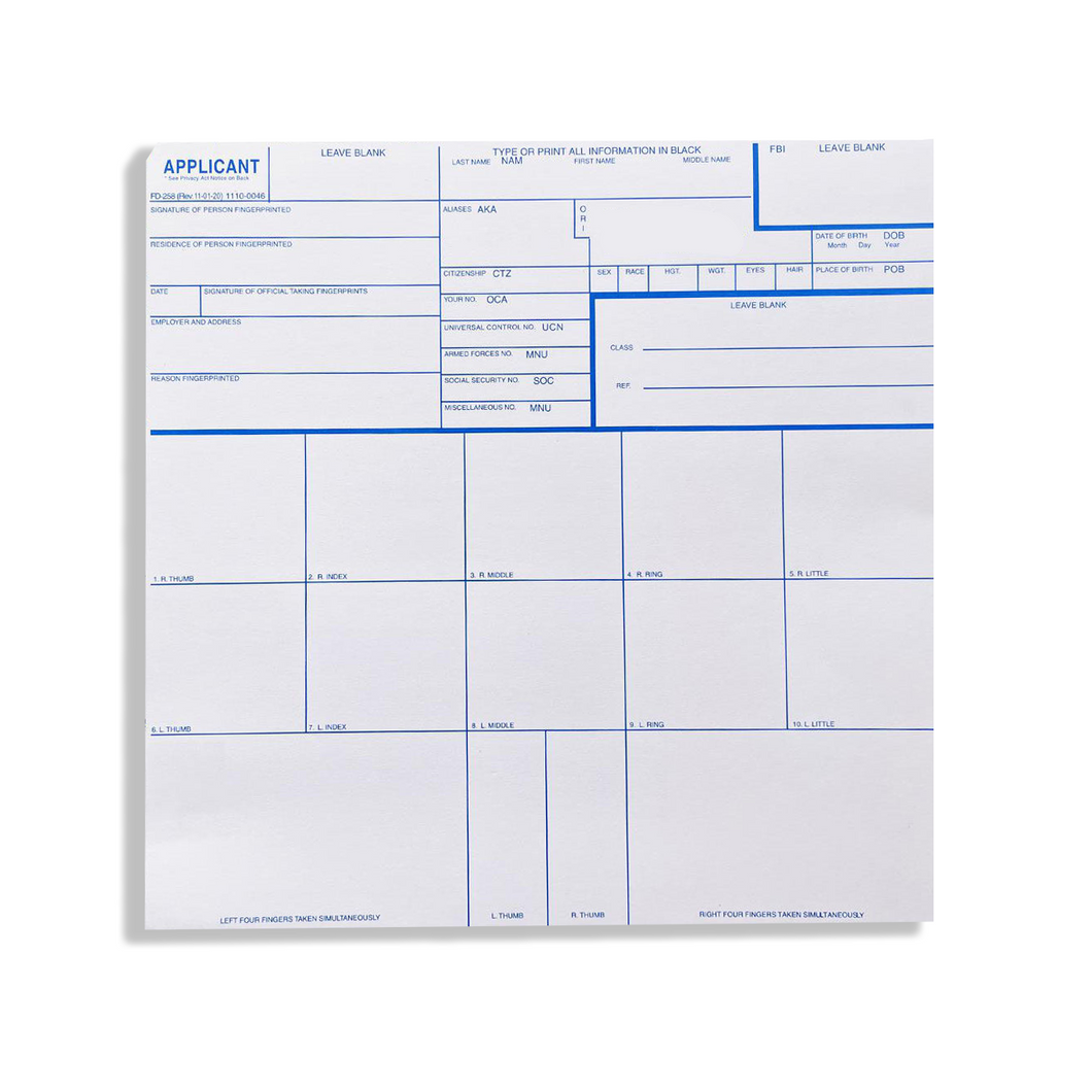 Fingerprint Cards – FBI Form FD-258, 100 Pack – National Gun Trusts